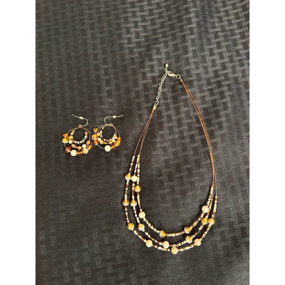 Amber Multi Strand Beaded Layered Necklace Hoop Earrings Set Boho Autumn Tones